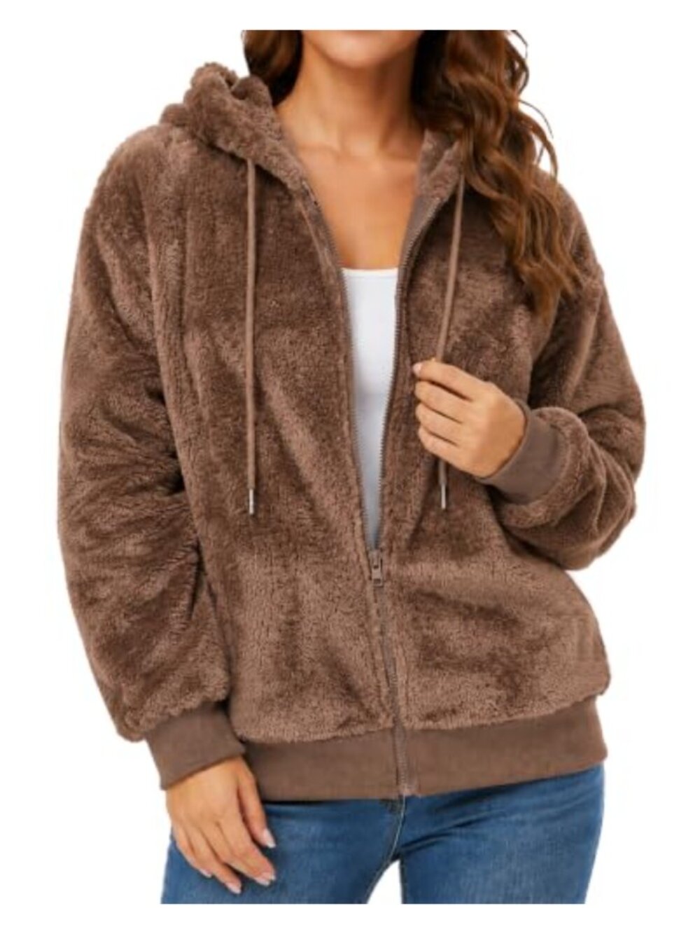 Fuzzy Zip Up Hoodie Plush Hooded Jacket Fluffy Fleece Women's